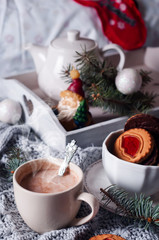 christmas breakfast in bed with coffee and cookies