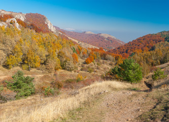 Autumnal landscape with hiking track in mountain pasture Demerdzhi, Crimean peninsula