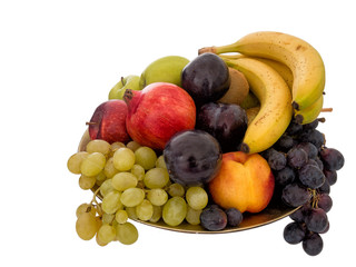 Fruit bowl isolated on white. Assorted colours, colors.