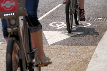 Fototapeta na wymiar Cyclists using the New TFL Cycle Superhighway in London