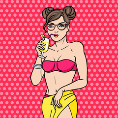 Pop art young girl in glasses drink cocktail