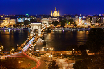 Budapest. Night view over the Danube and the Chain Bridge
