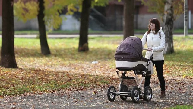 Mother walking with a baby pram (stroller, carriage) in the park. Autumn nature background. Love and family concept.
