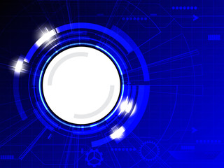 Abstract blue colored tech background with various technological element and bright flare.