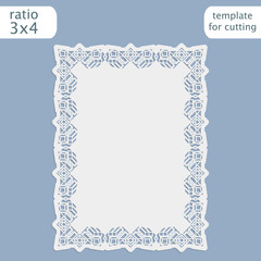 Laser cut wedding invitation card template with openwork border.  Cut out the paper card with lace pattern.  Greeting card template for cutting plotter. Vector.