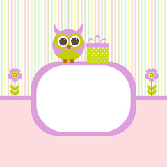Vector greeting card on a festive theme. Little owl sitting on the frame with a gift of flowers.