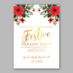 Merry Christmas party invitation with winter wreath. Pine, poinsettia