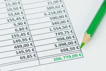 Liste von Einnahmen mit gr&uuml;ner Zahl und gr&uuml;nem Holzstift