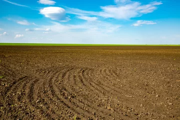 Zelfklevend Fotobehang Platteland ploughed field in sunny spring day