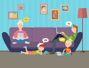 Illustration of Family using electronic gadgets. Parents and kids under hypnosis internet on computers at home. Vector illustration