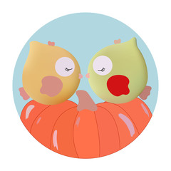 Two cute birds on the orange pumpkin on happy Halloween card. Flat design. Vector illustration.