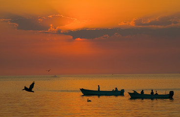 Silhouette of Bait Fishermen off Loreto in Sea of Cortez
