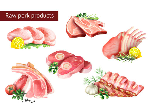 Raw pork products set. Watercolor