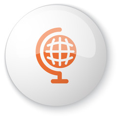 Glossy white web button with orange Earth Globe icon on white ba