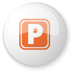 Glossy white web button with orange Parking icon on white backgr
