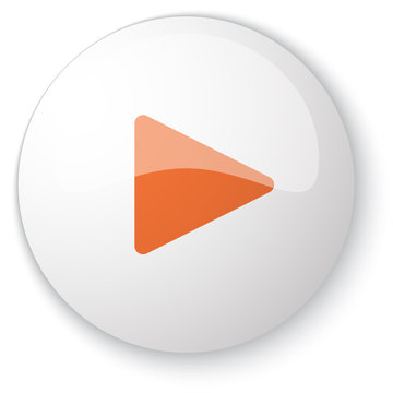 Glossy white web button with orange Play icon on white backgroun