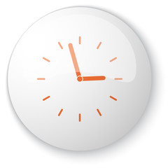 Glossy white web button with orange Clock icon on white backgrou