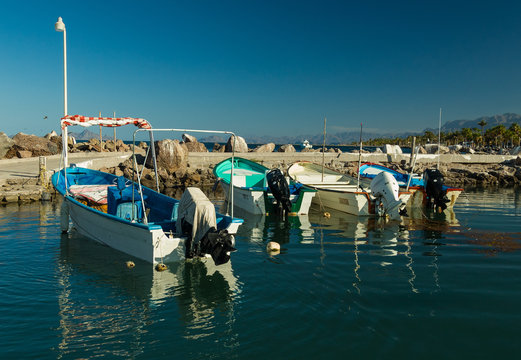 Fishing pangas in Loreto marina Baja Mexico