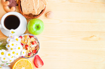 Breakfast with cereals, fresh fruit and milk