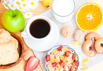 Breakfast with cereals, fresh fruit and milk