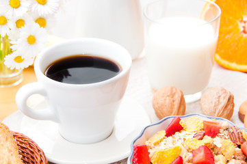 Breakfast with cereals, fresh fruit and milk