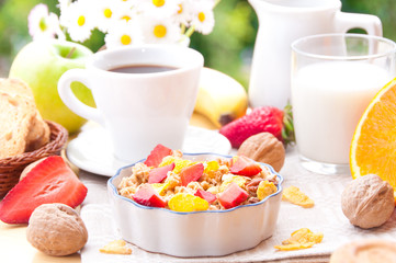Breakfast with cereals, fresh fruit and milk