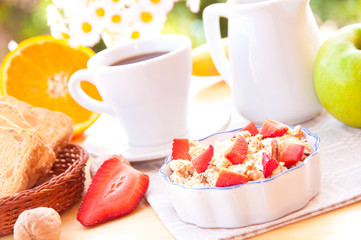 Breakfast with cereals, fresh fruit and milk