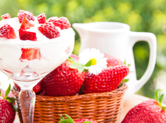 Strawberries in a basket with cream