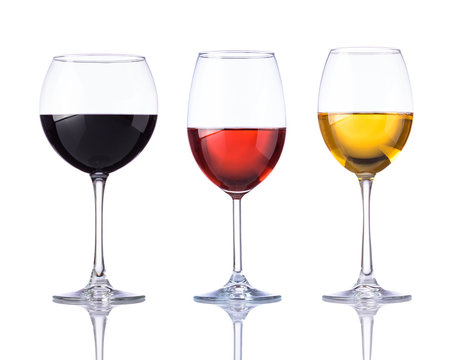 Glass Red, Rose and White Wine Isolated on White Background