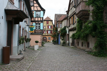 Une rue typique du village de Riquewihr (Alsace, Haut-Rhin)