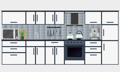 Kitchen interior with furniture including microwave oven, coffee