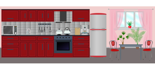 Kitchen interior in the flat style with furniture, cooking equip
