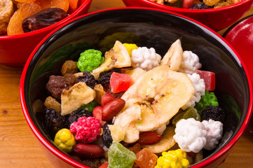 different mixed nuts and raisins