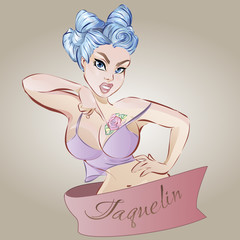 Pin up sexy woman with flower tattoo, vector illustration