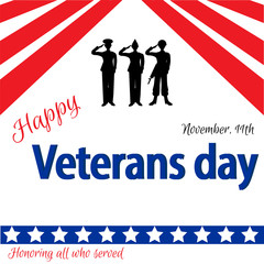 Veterans Day. Silhouettes of three soldiers of different arms. Vector illustration for greeting card, ad, promotion, poster, flier, article, social media, marketing