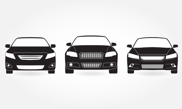 Car icon set. Front view. Vector black vehicle silhouette isolated on white background.