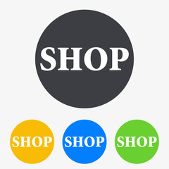 Icono plano texto SHOP en circulo varios colores