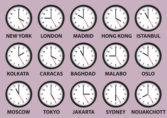 clock faces with time differences in some world cities