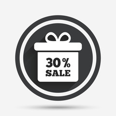 30 percent sale gift box tag sign icon.