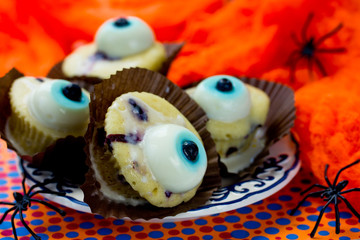 One-eyed cupcakes for Halloween, funny and scary treat for kids