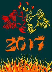 Year fire rooster. The image of fire on a postcard. Sketch