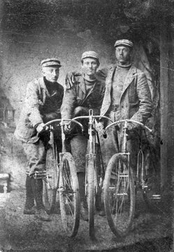 Vintage Tintype three gents with antique bicycles circa 1860s - Guys with bikes, three men early boneshaker