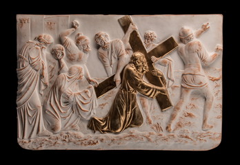 Gypsum dimensional picture with biblical scenes and the Last Supper Way to Calvary. Christian...