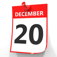 December 20. Calendar on white background.