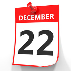 December 22. Calendar on white background.