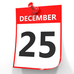 December 25. Calendar on white background.