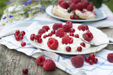 Cottage cheese with raspberry and currant