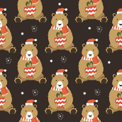 Obraz premium Christmas seamless pattern with snow and funny bear. Vector Template illustration background card.