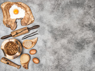 Ingredients spices for dough. Kitchen utensils. Eggs flour sugar