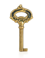 Antique key with reflection isolated on white background